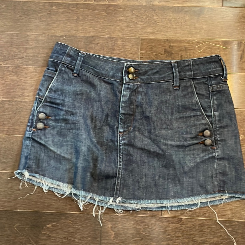 Found Denim mini skirt, distressed, raw hem. Small